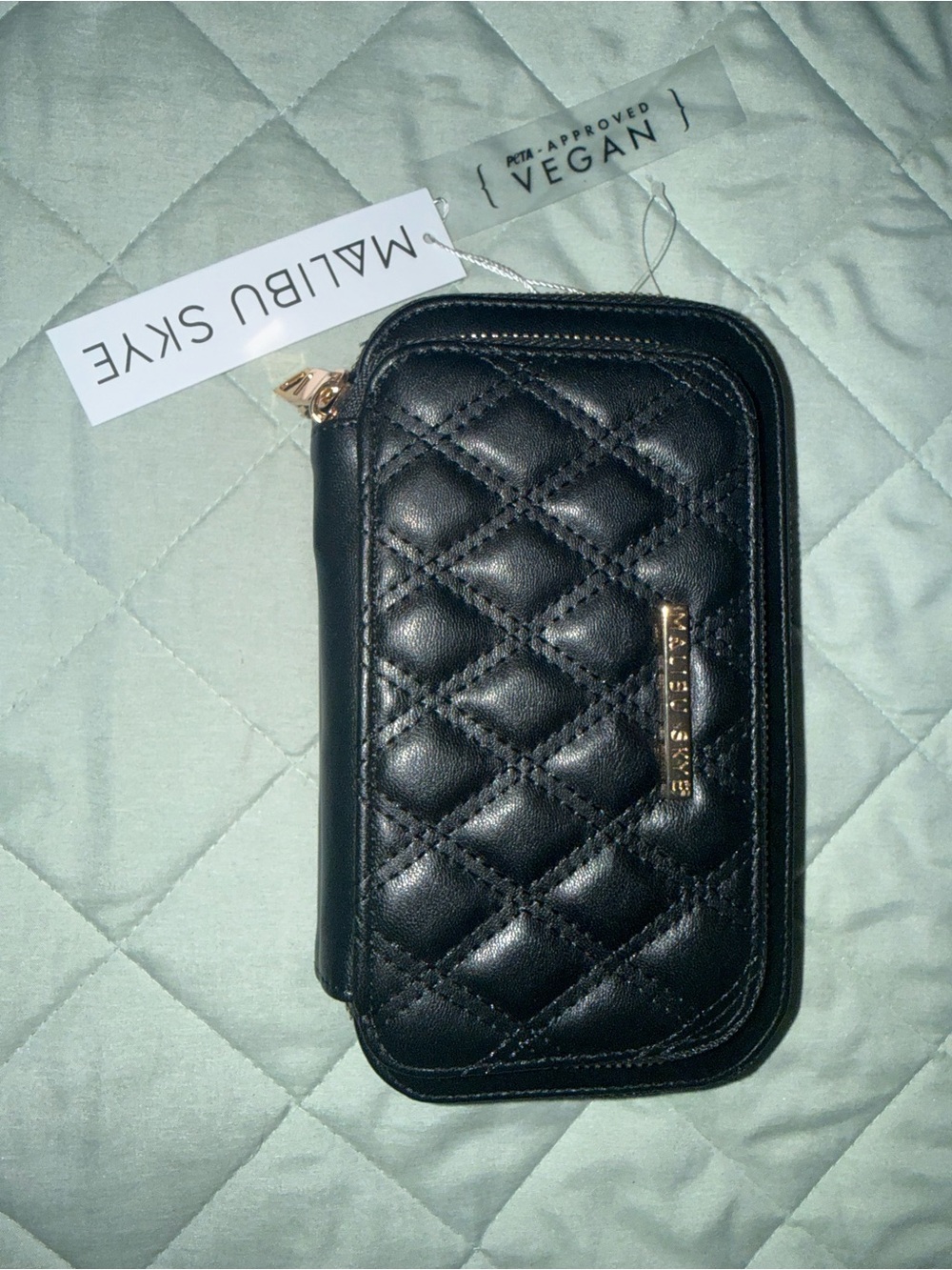 Malibu Skye Vegan approved Black Quilted Zip-Around Crossbody with Gold Hardware